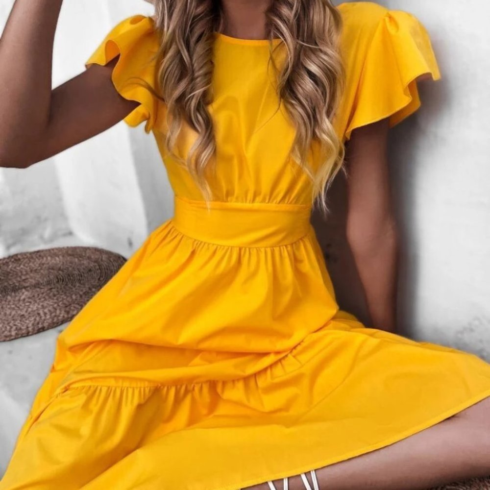 Butterfly Sleeve Ruffle Hem Dress YELLOW - Picture 5 of 6